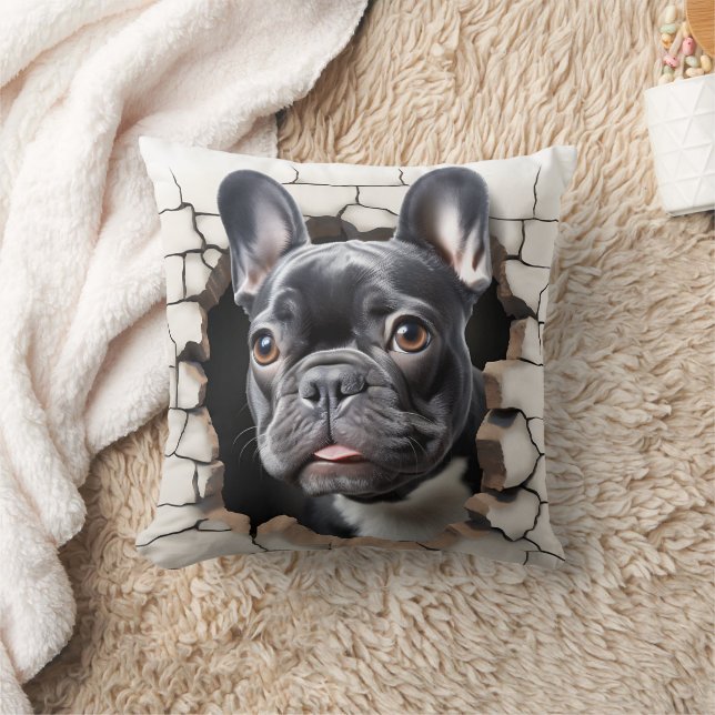 3D Black French Bulldog Cracked Hole Cushion (Blanket)