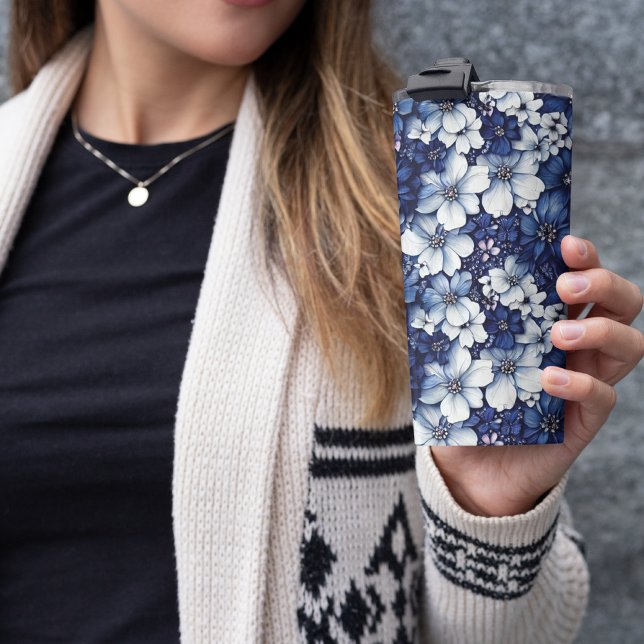 3D Blue and Grey Floral Thermal Tumbler (Blue floral tumbler)