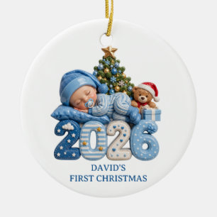 3D Blue Baby Boy First Christmas 2026 Custom Ceramic Tree Decoration