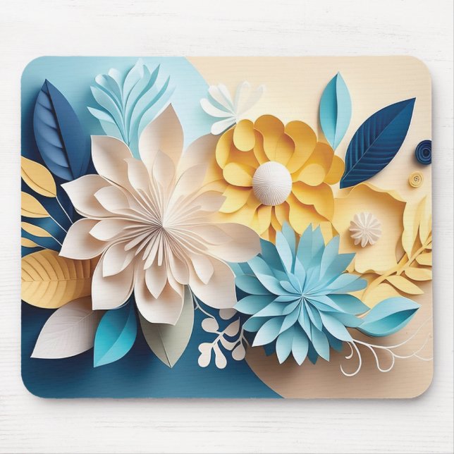 3D Blue & Cream Flowers Mouse Pad (Front)