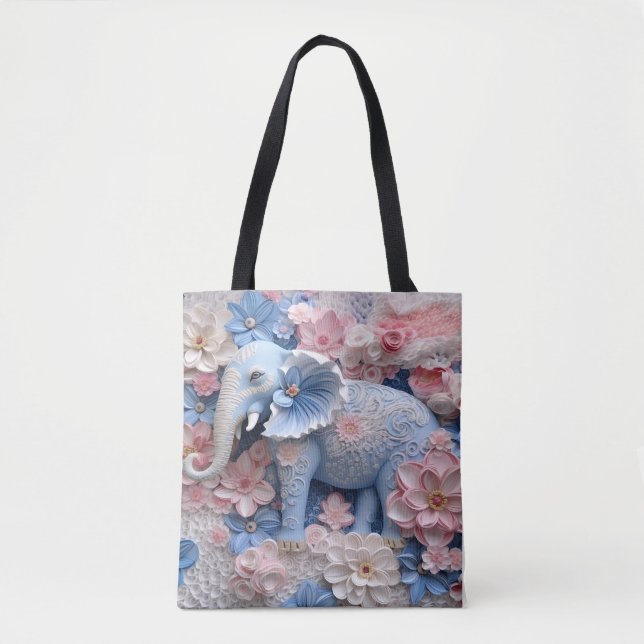 3D Blue Elephant Tote Canvas Bag with Flowers (Front)