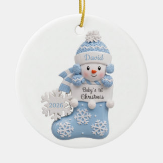3D Blue Snowman Stocking Baby 1st Christmas Ceramic Tree Decoration