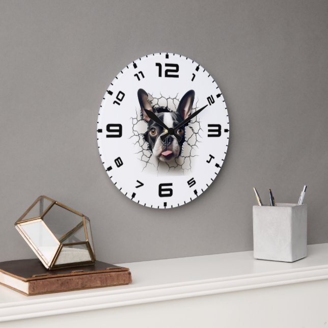 3D Boston Terrier Cracked Hole Large Clock (Office)
