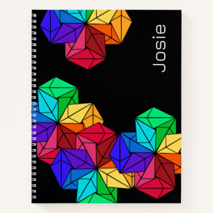 3D Bright Rainbow Cube Triangles on Black Add Name Notebook