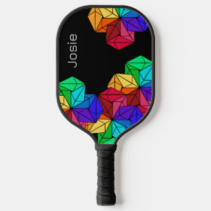 3D Bright Rainbow Cube Triangles on Black Add Name Pickleball Paddle