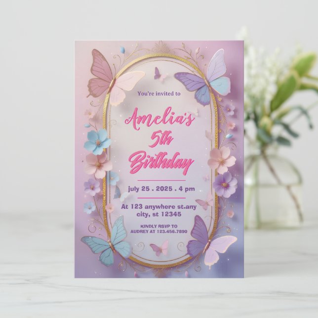 3D Butterfly Girl Birthday Invitation (Standing Front)