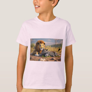 3D Cartoon Lion Eating Zebra – Wild Savannah Scene T-Shirt