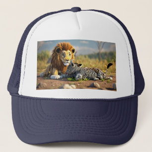 3D Cartoon Lion Eating Zebra – Wild Savannah Scene Trucker Hat