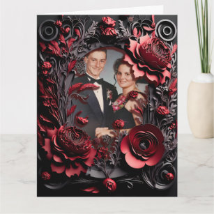 3D Carved Black and Red Floral Frame Card