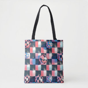 3D Checkerboard Grid with Floating Spheres Pattern Tote Bag