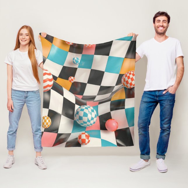 3D Chequerboard Grid with Floating Spheres (2) Fleece Blanket (In Situ)