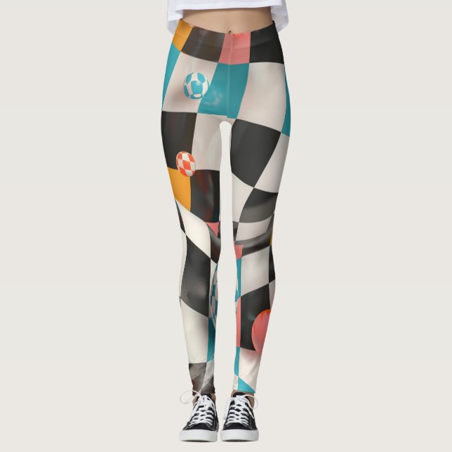 3D Chequerboard Grid with Floating Spheres (2) Leggings (Front)