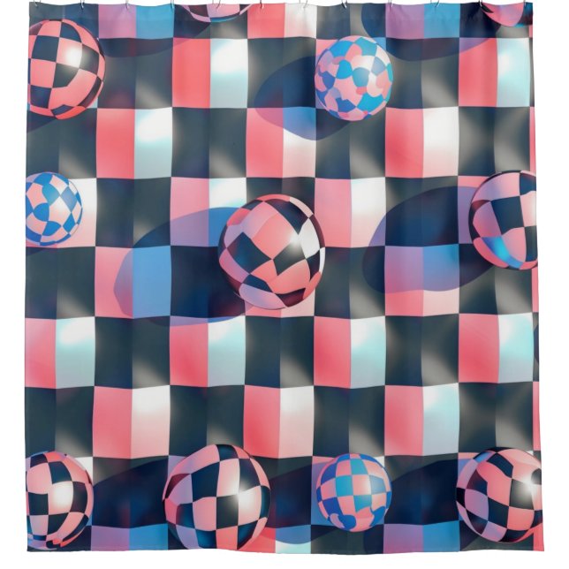 3D Chequerboard Grid with Floating Spheres Pattern Shower Curtain (Front)