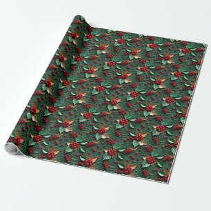 3D Christmas Delight - Holly Leaves & Berries Wrapping Paper