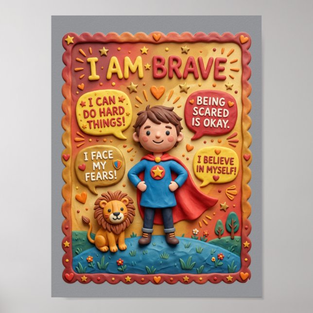 3D Clay Cute Brave Kid Lion Hero Educational Poster (Front)