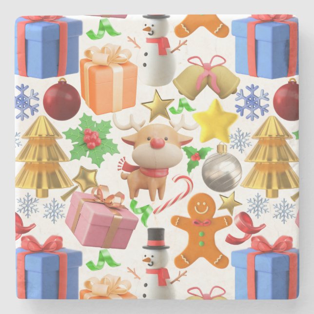 3D Colourful Christmas Ornaments pattern.01 Stone Coaster (Front)