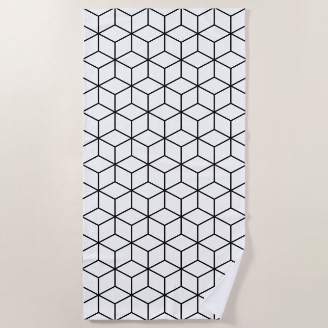 3D Cubes Geometric Black Line on White Rpt Pattern Beach Towel (Front)