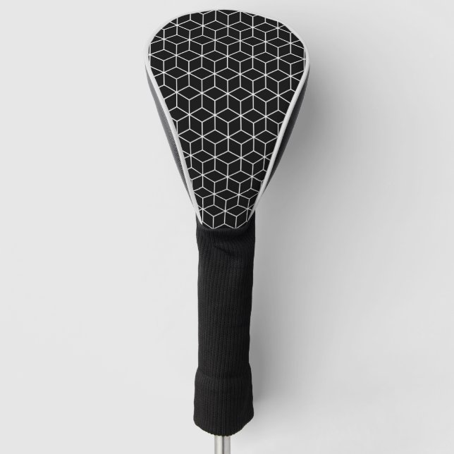 3D Cubes Geometric White Line on Black Pattern Golf Head Cover (Front)