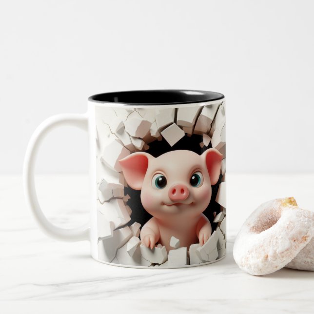 3D Cute Baby Piglet Hot Cocoa Coffee Animals Two-Tone Coffee Mug (With Donut)