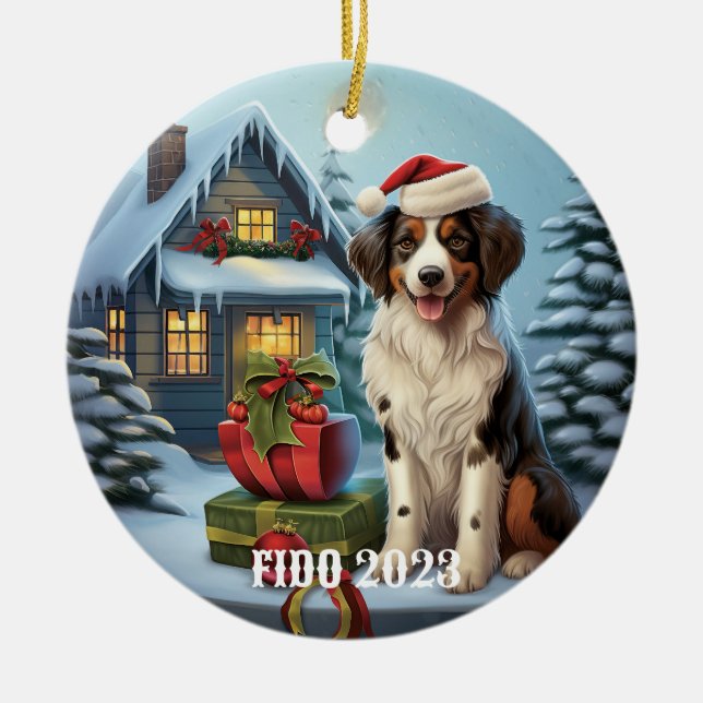 3D Cute Dog in Santa Hat Christmas  Ceramic Tree Decoration (Front)