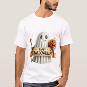 3D Cute Ghost with Happy Halloween Sign & Pumpkin T-Shirt