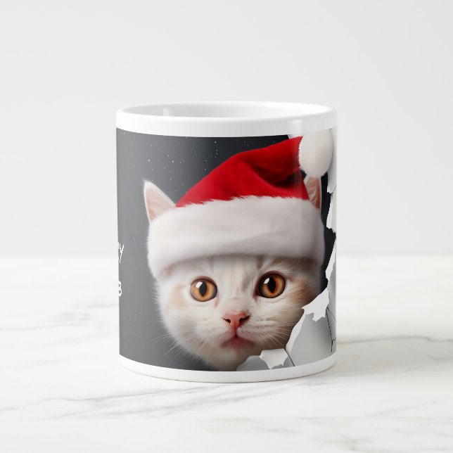 3D Cute Kitten with Santa Hat Large Coffee Mug (Front)