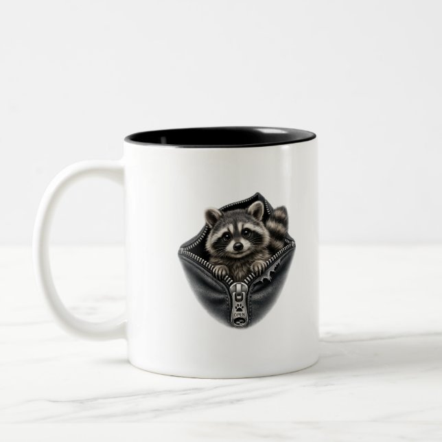 3D Cute Racoon In Pocket Two Tone Coffee Mug  (Left)
