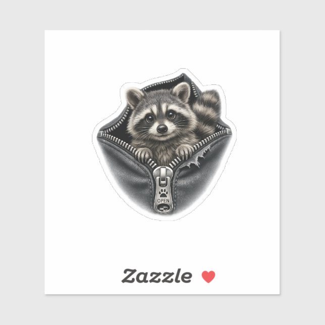 ​3D Cute Racoon In Zipper Pocket Vinyl Sticker (Sheet)