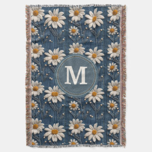 3D Daisy Embroidery Denim Custom Blanket 