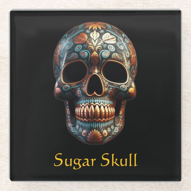 3D Day of the Dead skull, custom Glass Coaster (Front)