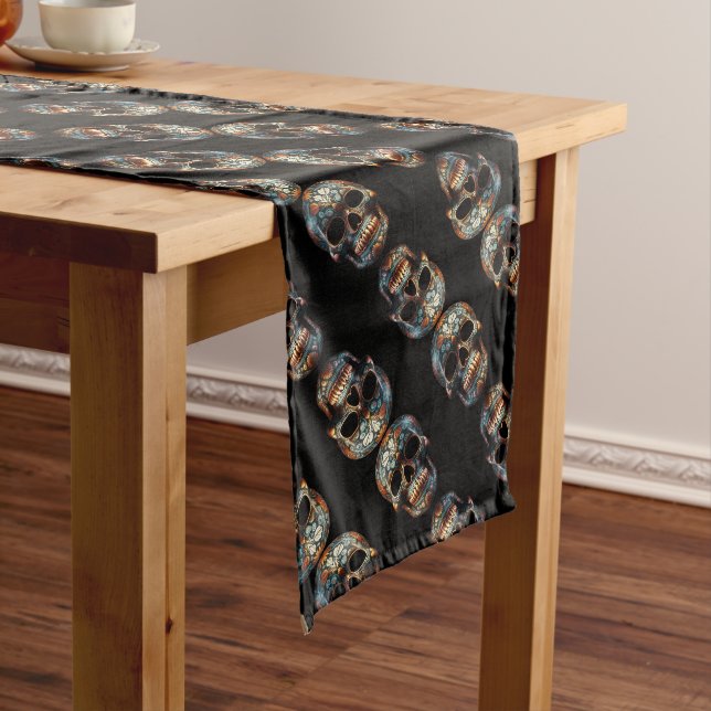 3D Day of the Dead skull, custom Long Table Runner (In Situ)