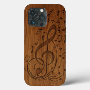 3D Debossed Clef Musical Notes on Wood iPhone 13 Pro Case