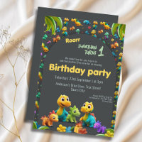 3d Dino cute dinosaur crew 1st birthday Invitation