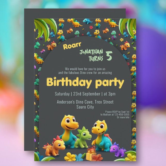 3d Dino cute dinosaur crew 5th birthday Invitation (Creator Uploaded)