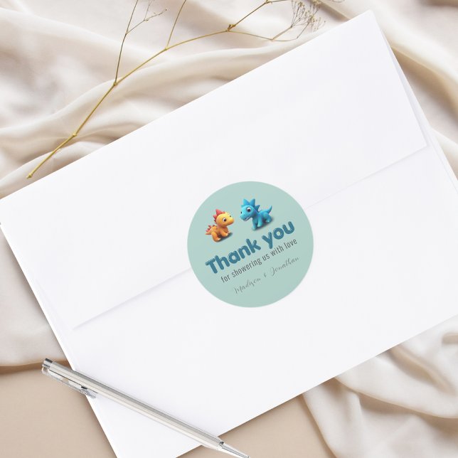 3d Dino dinosaur baby boy shower thank you  Classic Round Sticker (Creator Uploaded)
