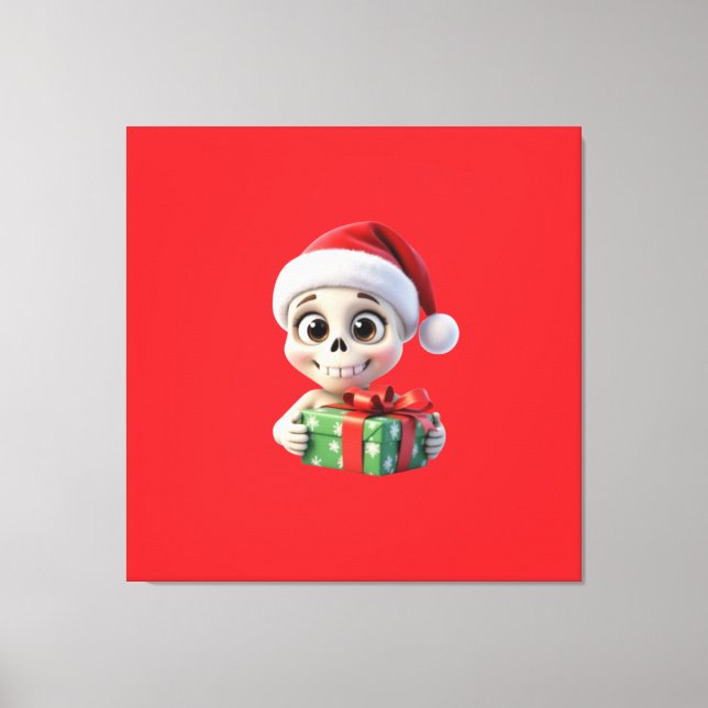 3D Disney Cartoon Santa Skull Holding a Gift Canvas Print (Front)