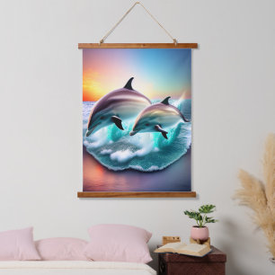 3D Dolphins Ocean Sunset Tropical Beach Vibe  Hanging Tapestry