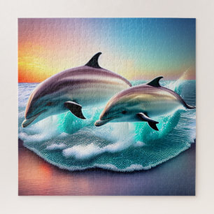 3D Dolphins Ocean Sunset Tropical Beach Vibe  Jigsaw Puzzle