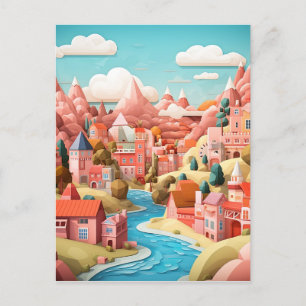 3D Effect Abstract Fall Town Background Postcard