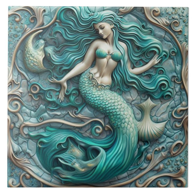 3D effect Aqua Marine Ceramic Tile Mermaid Design (Front)