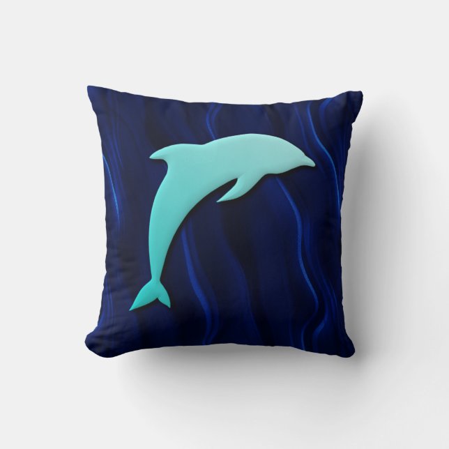3D Effect Blue Dolphin On Deep Water Blue Cushion (Front)