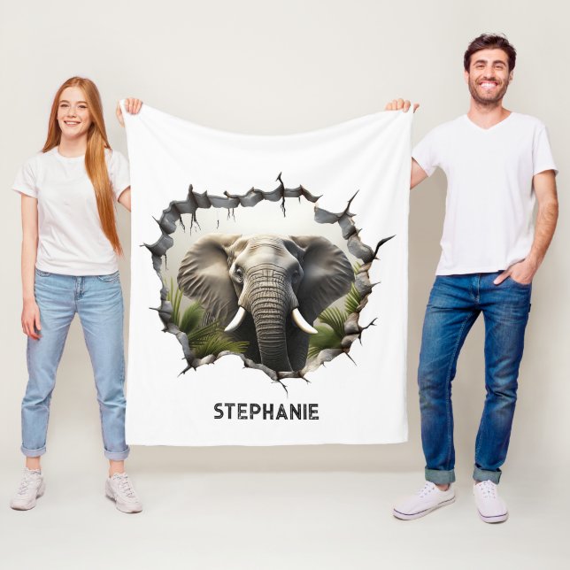 3D Elephant Wall Break Art – Realistic Safari Fleece Blanket (In Situ)