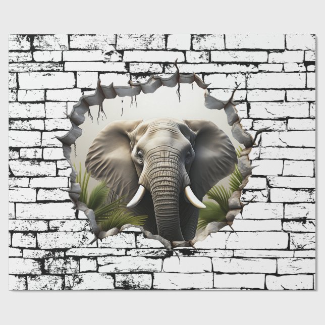 3D Elephant Wall Break Art – Realistic Safari Wrapping Paper (Flat)