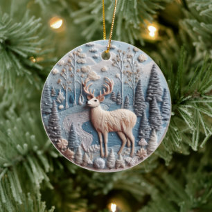 3D Embroidered Look Deer Winter Forest Landscape Ceramic Tree Decoration