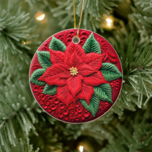 3D Embroidered Look Poinsettia Winter Christmas Ceramic Tree Decoration