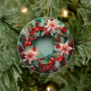 3D Embroidered Look Poinsettia Wreath Christmas Ceramic Tree Decoration