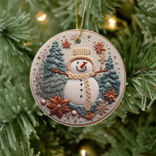 3D Embroidered Look Snowman Christmas Winter Ceramic Tree Decoration