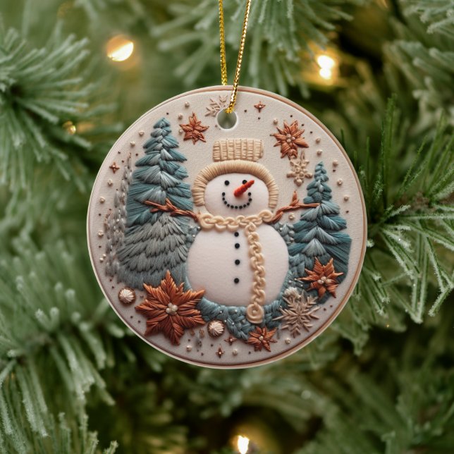 3D Embroidered Look Snowman Christmas Winter  Ceramic Tree Decoration (Tree)