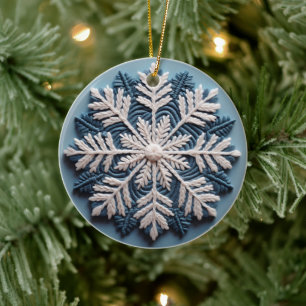3D Embroidered Look Winter Snowflake Christmas Ceramic Tree Decoration
