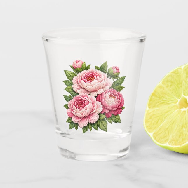 3D Embroidered Peonies Illustration Shot Glass (Front)